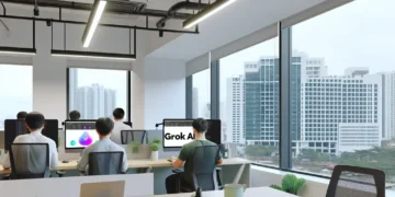 Nhân viên văn phòng tại Việt Nam sử dụng Grok AI trên máy tính trong một văn phòng hiện đại.