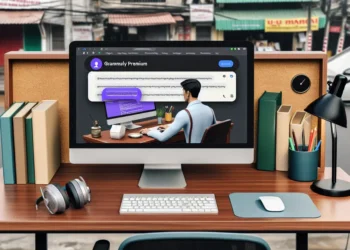 Không gian làm việc chuyên nghiệp tại Việt Nam với Grammarly Premium trên màn hình máy tính.