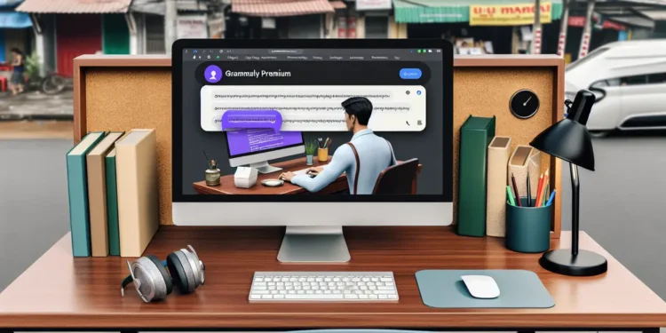 Không gian làm việc chuyên nghiệp tại Việt Nam với Grammarly Premium trên màn hình máy tính.