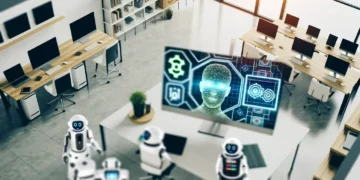 Văn phòng hiện đại với các thiết bị công nghệ và màn hình Grok AI.