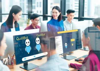 Văn phòng hiện đại tại Việt Nam với nhân viên sử dụng QuillBot Premium trên máy tính, thể hiện sự hợp tác và công cụ AI tiên tiến.