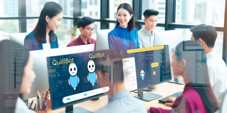 Văn phòng hiện đại tại Việt Nam với nhân viên sử dụng QuillBot Premium trên máy tính, thể hiện sự hợp tác và công cụ AI tiên tiến.