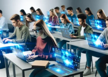 Classroom with students using Turnitin AI on laptops.