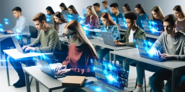 Classroom with students using Turnitin AI on laptops.