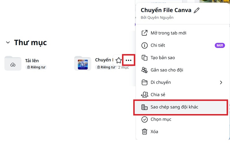 chọn sao chép sang đội khác