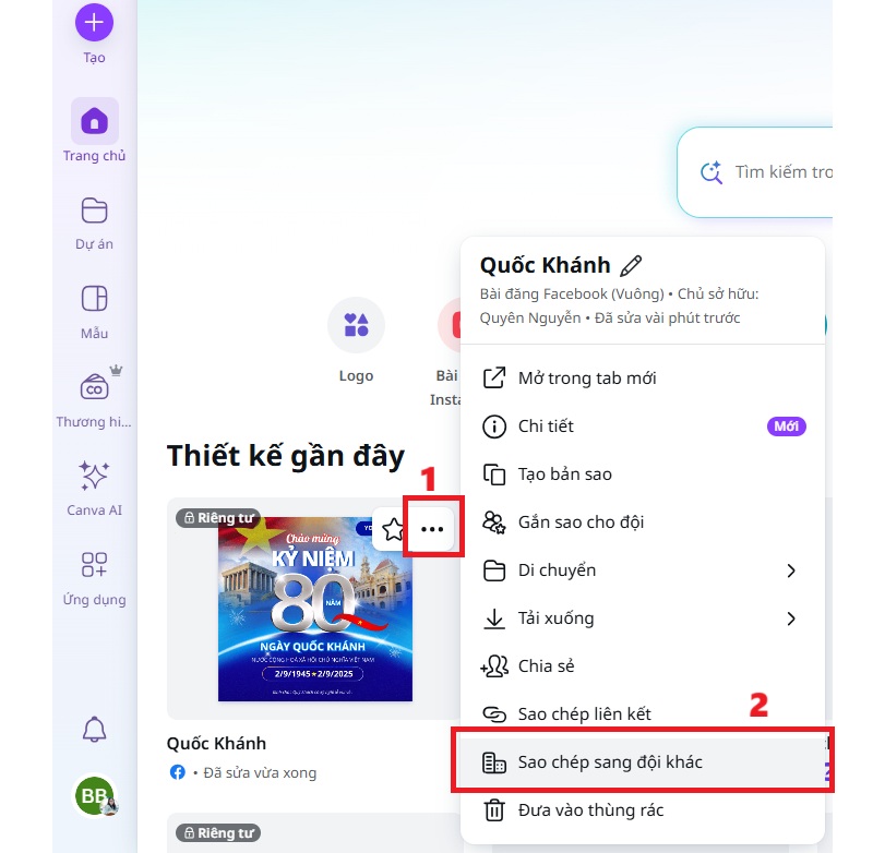 thực hiện sao chép sang đội khác