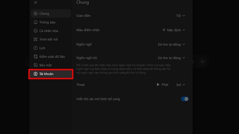vào mục tài khoản