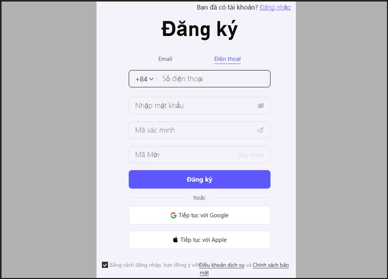 đăng ký đăng nhập