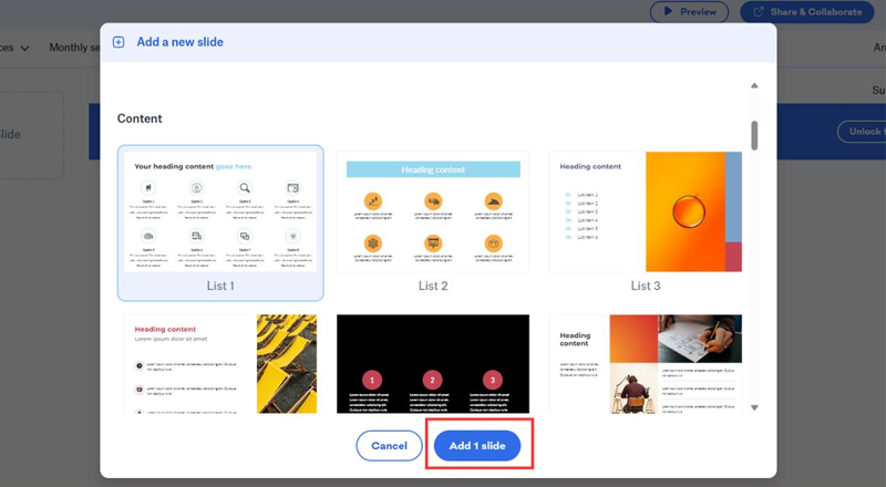 Nhấn Add Slide để chèn nội dung